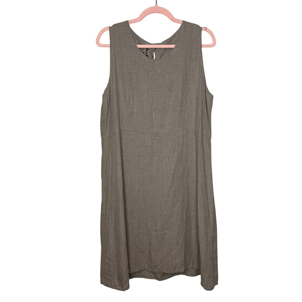 FLAX Womens 100% Linen Sleeveless Button Back Shift Dress Taupe Oatmeal Size M